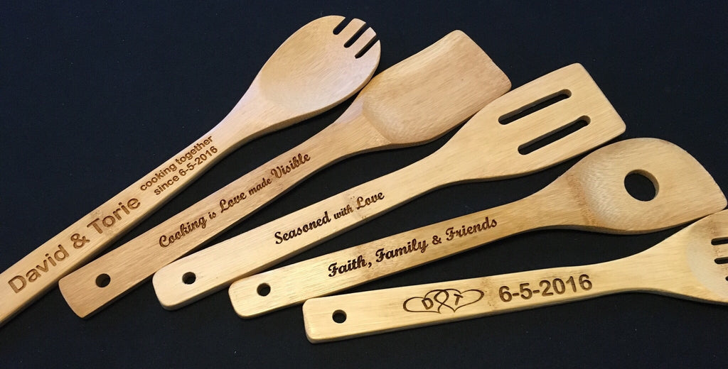 Set of 6 Personalized Bamboo Kitchen Utensils - Laserico