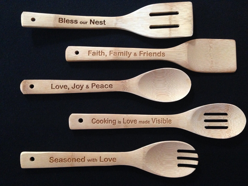 Personalized 5 Piece Bamboo Cooking Utensils – Heavenly Inspirations